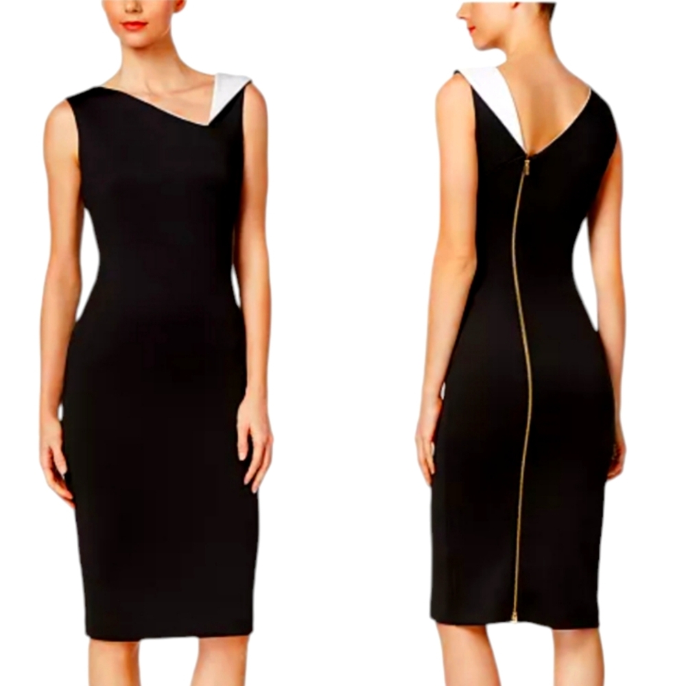 Calvin Klein Dress Contrast Collar Sheath Scuba Black Midi Sleeveless As…